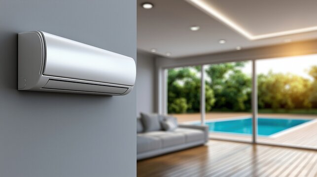 Un climatiseur mural blanc, moderne et &eacute;l&eacute;gant, install&eacute; sur un mur gris, arri&egrave;re-plan flou et laissant entrevoir un vaste s&eacute;jour contemporain et &agrave; l'ext&eacute;rieur une terrasse avec piscine.