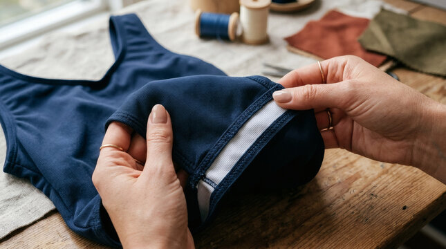Hands crafting a blue sports bra with sewing materials on wooden table
