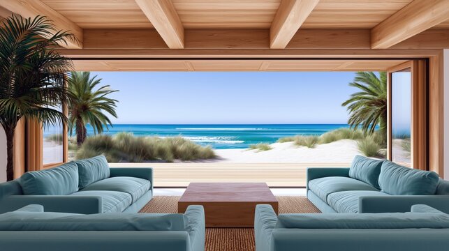 Le salon d'une maison avec vue paradisiaque sur la mer, avec canap&eacute;s, table basse, poutres apparentes en bois clair au plafond et terrasse ext&eacute;rieure, concept de vacances de luxe.