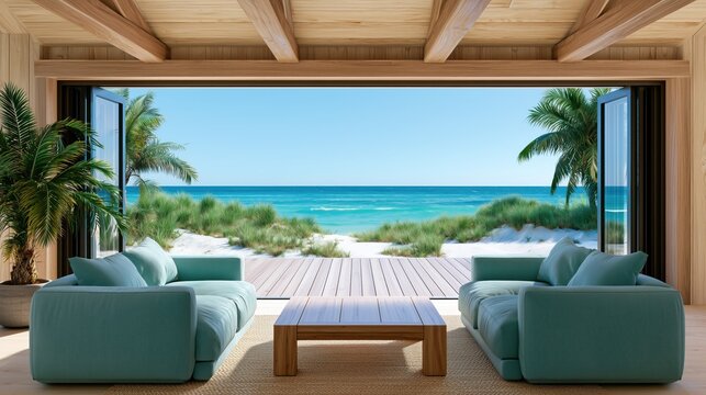 Le salon d'une villa avec vue paradisiaque sur la mer, avec canap&eacute;s, table basse, poutres apparentes en bois clair au plafond et terrasse ext&eacute;rieure, concept de vacances de luxe.