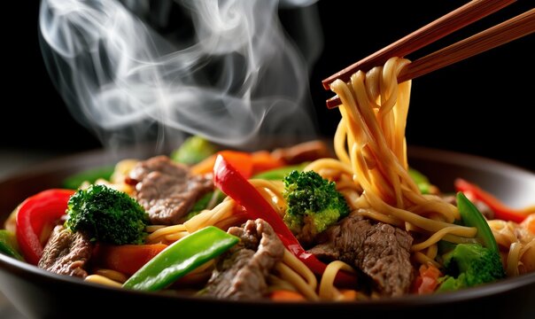 Des nouilles asiatiques avec morceaux de viande et l&eacute;gumes, chaudes et fumantes dans un bol avec des baguettes en bois, vue en gros plan.