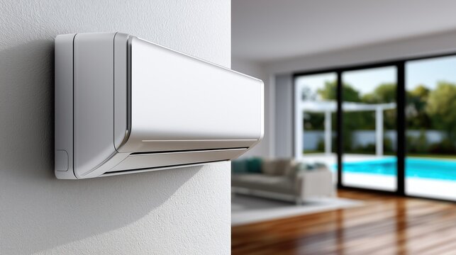 Un climatiseur mural, moderne et &eacute;l&eacute;gant, install&eacute; sur un mur blanc, arri&egrave;re-plan flou et laissant entrevoir un vaste s&eacute;jour contemporain et &agrave; l'ext&eacute;rieur une terrasse avec piscine.