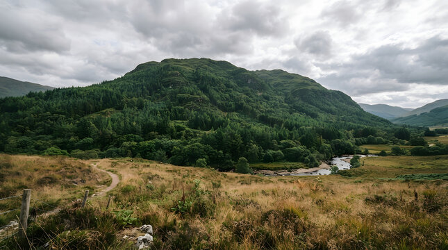 Lush green mountain valley features winding river under cloudy sky. Wilderness landscape showcasing hills and dry grass field.
