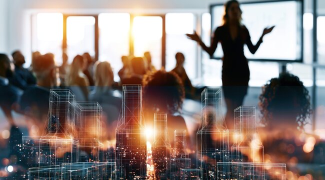 Un public de professionnels, flou, assis dans une salle de conf&eacute;rence lumineuse avec la silhouette d'une intervenante et au premier plan une esquisse de ville futuriste en double exposition.