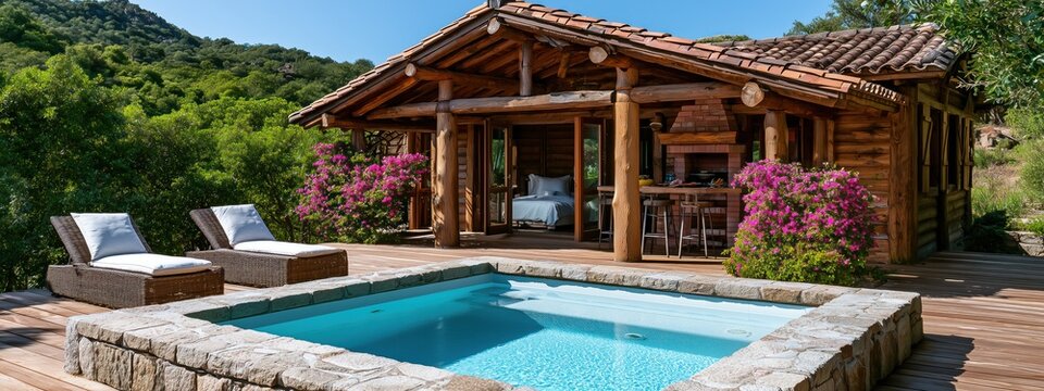 Maison en bois rustique avec toit en tuiles de terre cuite, dans un paysage verdoyant et luxuriant, sous un ciel bleu, avec terrasse, transats et jacuzzi, vacances calmes au soleil, vue panoramique.