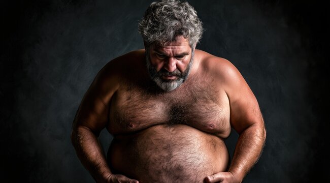 Un portrait en studio d'un homme d'&acirc;ge m&ucirc;r, &agrave; la corpulence ob&egrave;se et au torse poilu, regardant vers le bas en direction de son ventre rond et pro&eacute;minent.