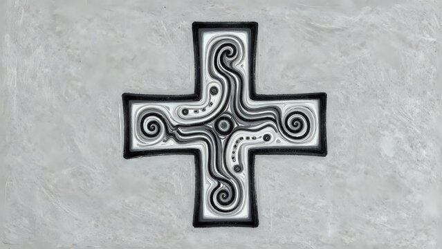 Stylized plus sign with intricate tribal swirl patterns on gray background with copy space