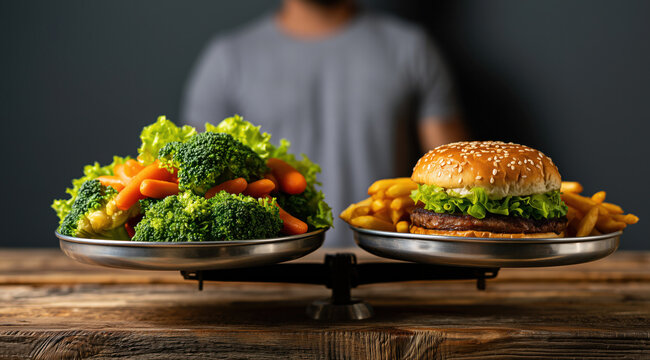 Une balance &agrave; plateaux sur une table en bois rustique avec la comparaison d'aliments sains tels que des l&eacute;gumes et un hamburger avec frites, silhouettes d'homme flou en arri&egrave;re-plan.