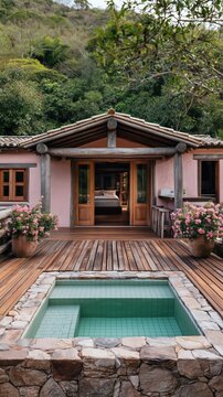 Un chalet rustique avec bassin d'eau entour&eacute; de pierres sur terrasse en bois avec pots de fleurs, dans un coin isol&eacute; de nature.