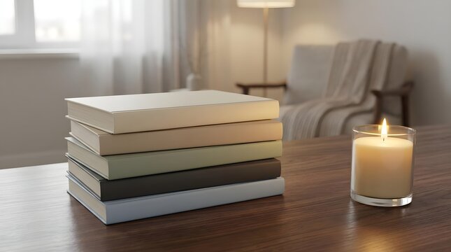 Self Help Book Stack With Candle On Desk Scene