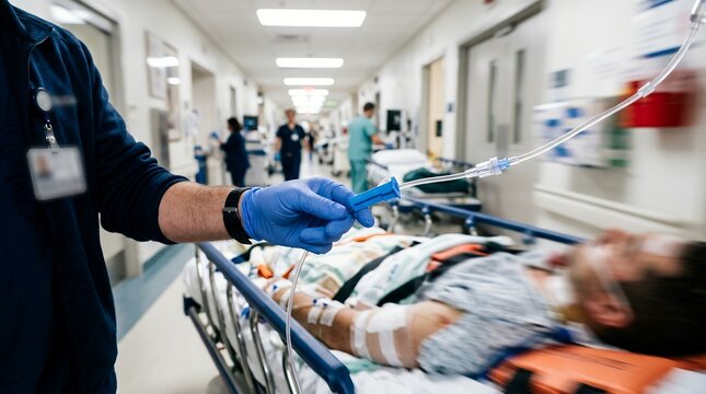 Medical professional rushing patient on gurney through hospital emergency trauma department.