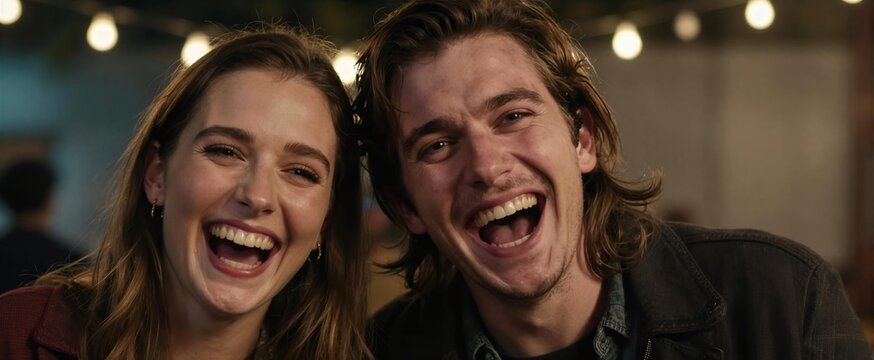 Two Individuals Appear To In Late Twenties Early Thirties Laughing Heartily With Wide Smiles Reveal Teeth Person On Left Long Brown