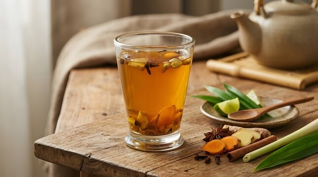 Herbal ginger turmeric tea with spices on rustic wooden table