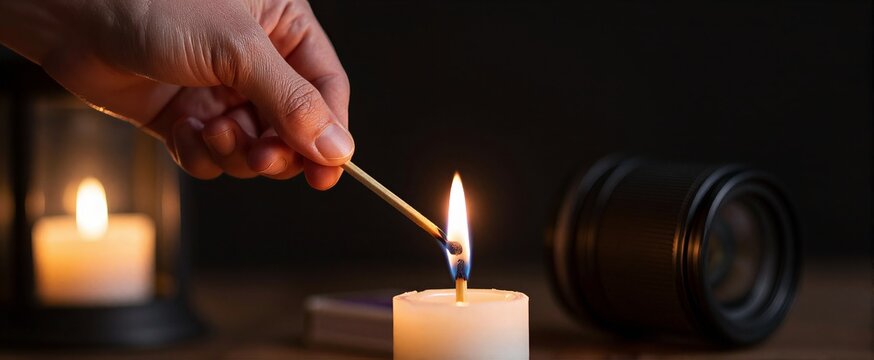 Captures Close Of Individuals Hand In Act Igniting Candle Using Matchstick Person Middle Aged With Lines On Fingers Indicating Age
