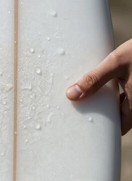 Captures Close Of Persons Hand Resting On Surface White Surfboard Fingers Slightly Curled With One Thumb Visibly Pressing Against