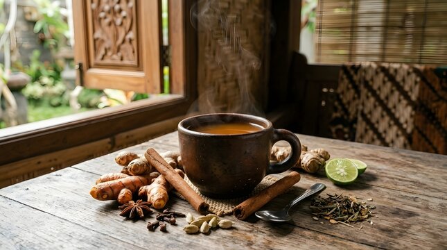 Hot turmeric herbal tea with spices on rustic wooden table