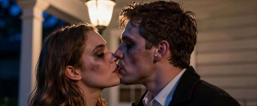 Captures Moment Two Individuals Sharing Intimate Kiss On Lips Twilight Early Evening Hours Person Left Female With Hair Styled In Loose