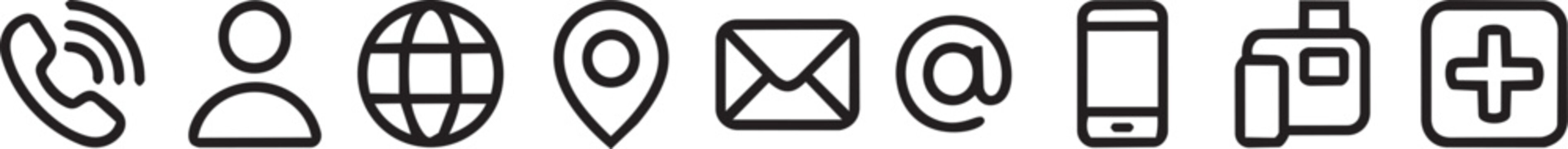 Web, Business card icon set in line style. Contact information, Home, Phone, Location, Address, Website, mail, fax, user simple black style symbol sign for apps and website, vector illustration.