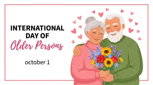 Happy grandparents isolated on white background with hearts. International day of older persons concept for poster, greeting cards etc. Cute flat
