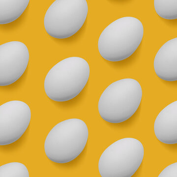 White chicken eggs as geometric pattern on pastel yellow background. Minimalist composition pattern, modern design aesthetic food, contemporary still life in minimal style, healthy protein product.