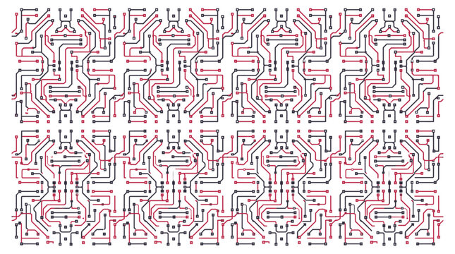 Abstract circuit board pattern with red and black lines on a white background.