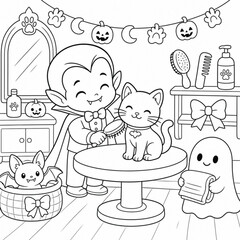 Fototapeta premium Friendly vampire grooming small cat with brush near mirror and ghost holding towel for halloween grooming salon scene coloring page designed for children art project.