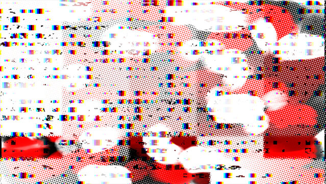 Digital Glitch and Abstract Shapes: A vibrant, abstract composition featuring a digital glitch effect overlaid on blurred, colorful shapes in red, white, and gray.
