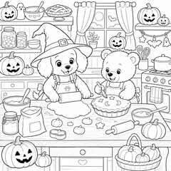 Fototapeta premium Cute dog witch and bear baking pie and cookies in kitchen with pumpkins flour and baking ingredients for halloween treat.