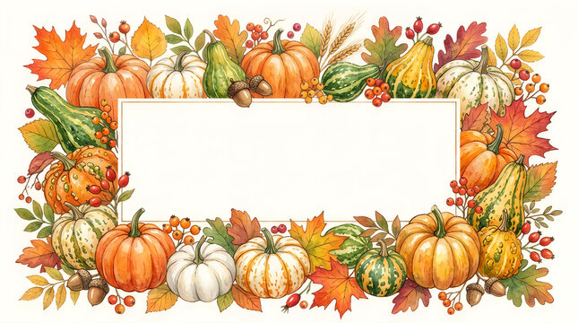 A beautiful and bountiful thanksgiving frame adorned with pumpkins leaves and autumnal colors perfect for invitations or announcements