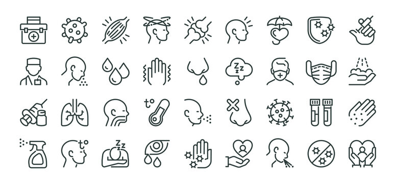 Medical healthcare symptom health issues and allergy outline thin icons big set. Line signs cough fever inflammation headache. Thin vector pictograms pack for web infographic business social projects.