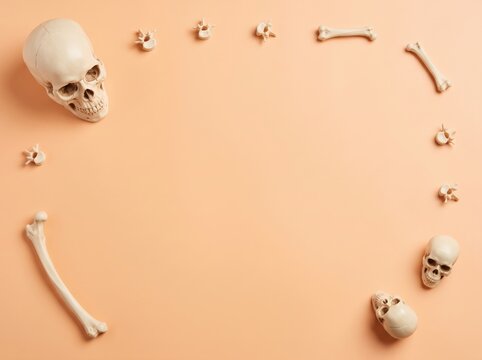 Halloween border frame made of human skulls, bones, and vertebrae on a light peach background