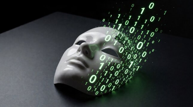Pristine White Porcelain Human Face Mask Shattering into Glowing Green Digital Binary Code