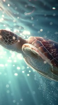 Sea turtle swimming gracefully through sunlit blue ocean water with sparkling bubbles and light rays