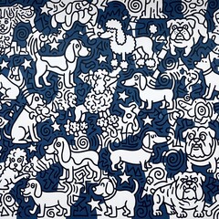 Obraz premium Seamless dark blue pattern with white cartoon farm animals and stars for fabric or wallpaper design
