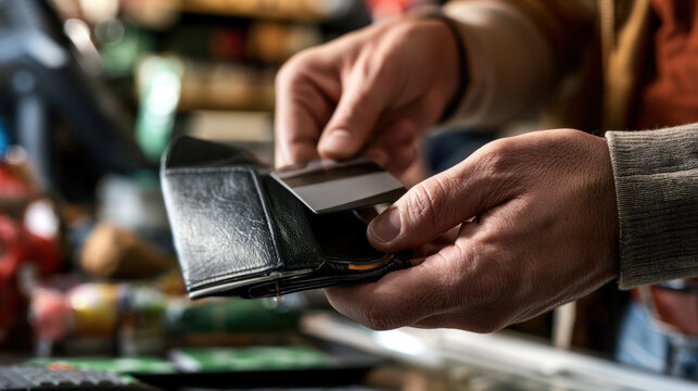 Hands Taking Out Bank Credit Card from Leather Wallet Close Up