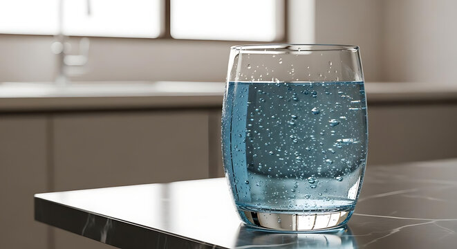 Glass of sparkling water with bubbles on a kitchen table with clear glass fizzy bubbles sitting transparent