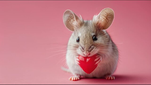 Mouse holds a red heart on a pink background during a playful moment