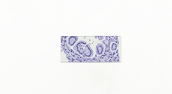 Microscopic view of stained biological tissue sample on a glass slide against white background with tissue specimen rectangular