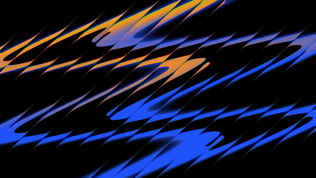 A high quality 3d render featuring vibrant gradient geometric stripes with a polished metallic texture set against a deep black background for modern design