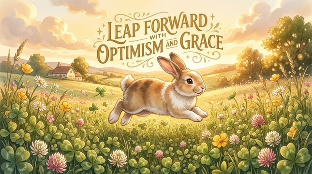 A cute rabbit leaps through a blooming meadow with a farmhouse in the background and inspirational text "Leap Forward With Optimism And Grace"