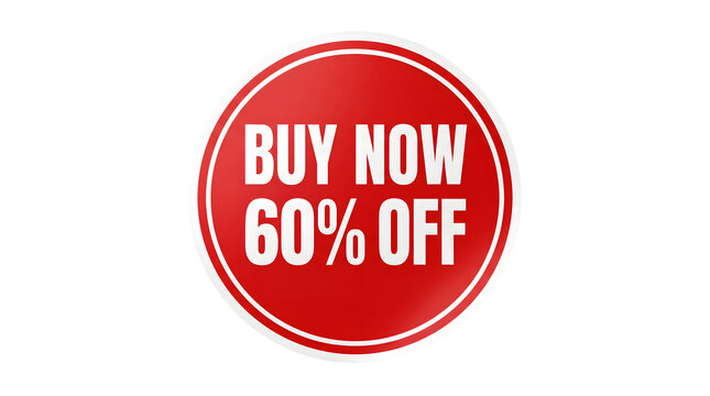 Red circular sales sticker with white text buy now offering sixty percent off discount on transparent background vector