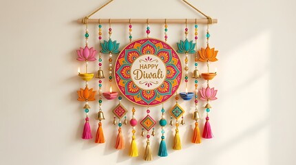 Naklejka premium Colorful Happy Diwali Wall Hanging Decoration with Tassels and Lotus Motifs.