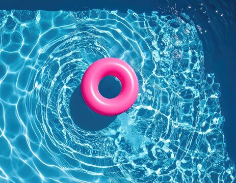 A bright pink inflatable ring floats on the surface of a sparkling blue swimming pool.