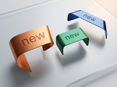 Three colorful metallic curved tags with the word new embossed on a clean white surface with soft shadows