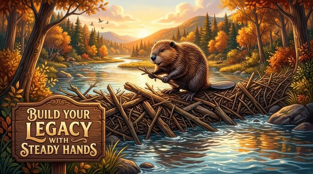 A determined beaver building a dam in a flowing river during autumn with a scenic mountain backdrop and inspirational text sign