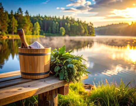 A serene wooden bucket filled with bath salts and fresh greenery sits on a rustic bench beside a tranquil lake at sunrise.
