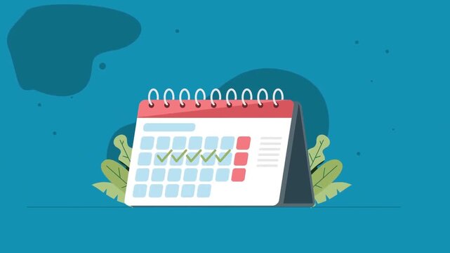 2D animation of a desk calendar with completed green checkmarks organizing task and schedule concept