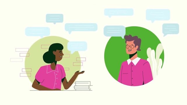 2D animation of a man and woman in separate circular frames having a remote dialogue online communication