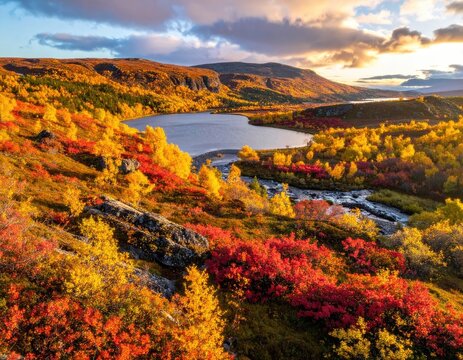 A breathtaking autumn landscape unfolds with vibrant foliage surrounding a serene lake and flowing river.