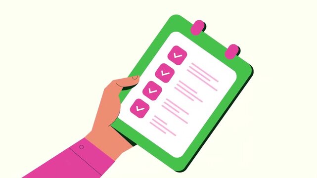 2D animation close up of hands filling out a green survey clipboard form with a pen checking boxes